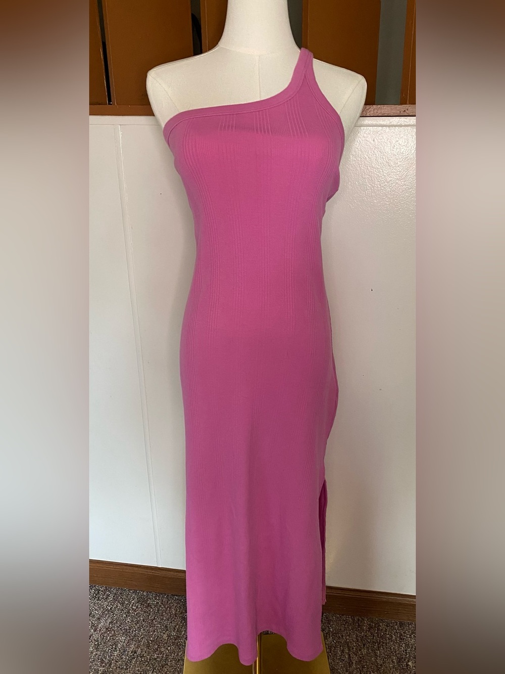 Aerie Pink Solid Ribbed Knit One Shoulder Maxi Bodycon Dress